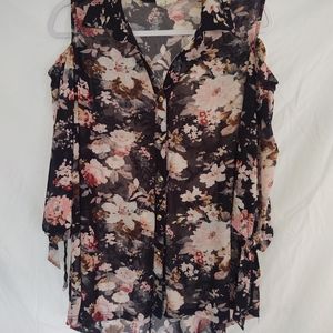 Cold shoulder floral, sheer blouse